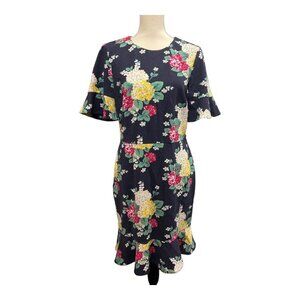 Draper James Womens L Dress Floral Ruffle Midi Blue Stretchy Knit Career Office